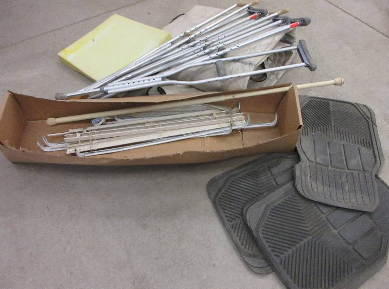 lot 160 image: VEHICLE MAT,  2 PAIR OF CRUTCHES, LARGE TARP-MISC