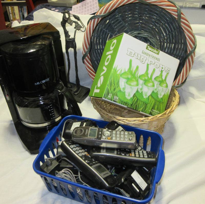 lot 84 image: COFFEE MAKER, PHONES, BASKETS, STATUE