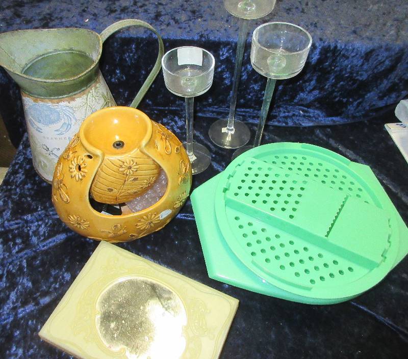 lot 92 image: MISC LOT, CANDLE HOLDERS, PITCHER, DRESSER BOX, GRATER BOWL