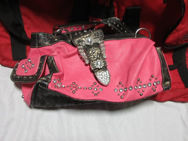 lot 199 image: 2 RED BAGS LIKE NEW AND PINK JEWELED PURSE