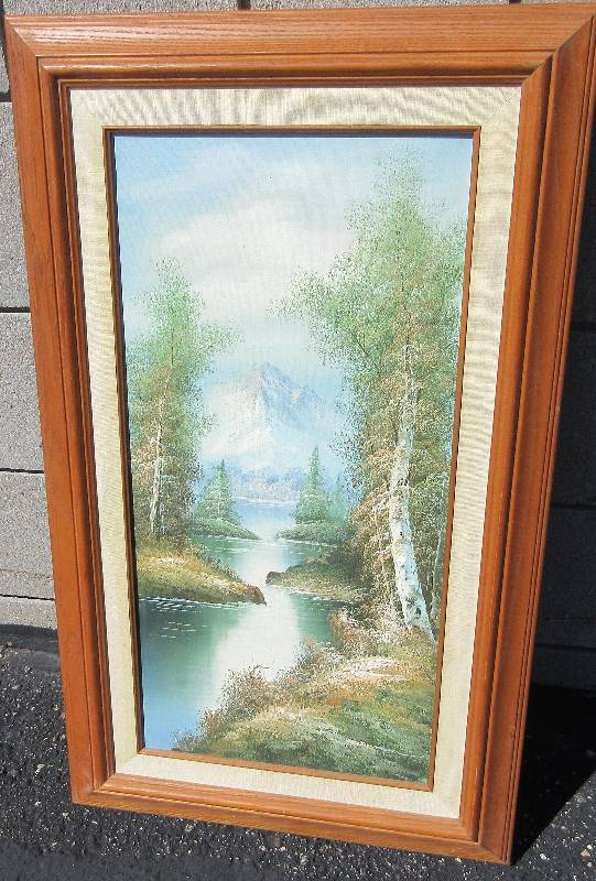 lot 209 image: LARGE OIL PAINTING OF MOUNTAIN AND WATER SCENE