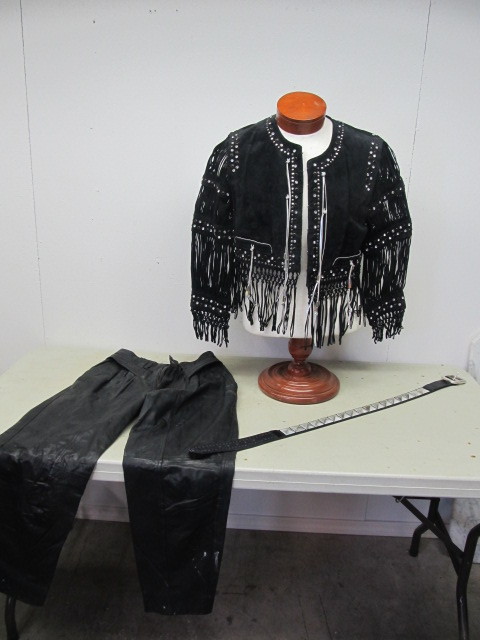 lot 52 image: Black Fringed Biker Jacket & Leather Pants