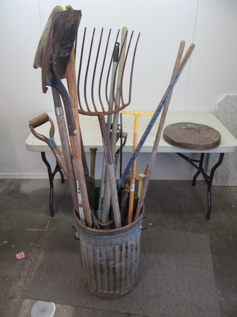 lot 71 image: Large Group of Rakes Shovels Tools Etc.