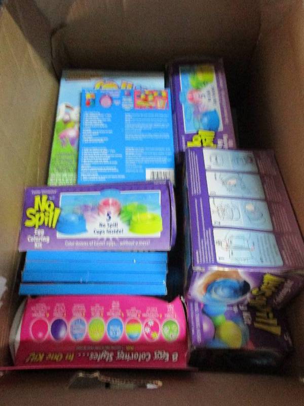 box full of Easter egg decorating stuff