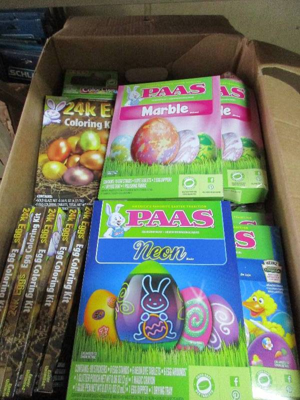box full of Easter egg coloring stuff