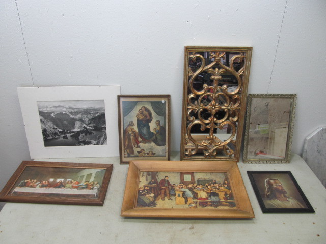 lot 78 image: Lot of Vintage Framed Art, Mirrors etc