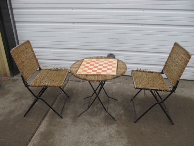 lot 80 image: Vintage Wicker Chess Table & Chairs