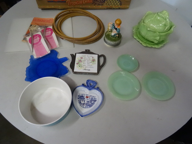 Sewing supplies. Misc glassware