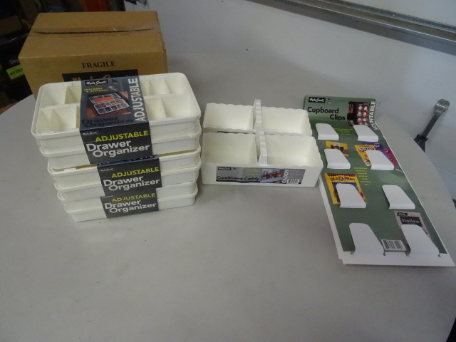 8 condiment caddys. 3 drawer organizers.  3 cupboard clips.