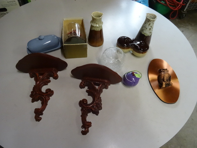 2 wall shelves. Misc dcor...