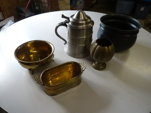 Brass pots. Large beer stein. Large...