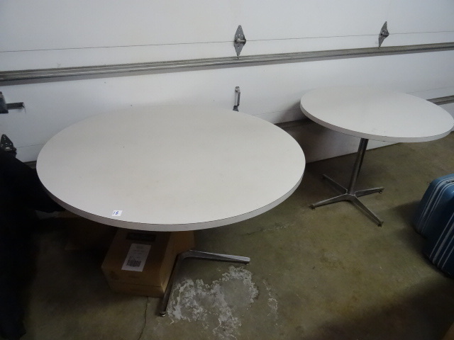 48 and 36 round metal framed tables. Comes with 8 stacking chairs. Metal framed