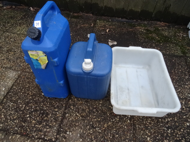 2 water jugs. Meat tub. 6 gal and 6 gal water jugs