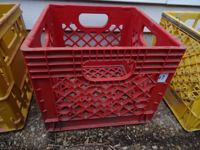 Heavy duty plastic milk crate.
