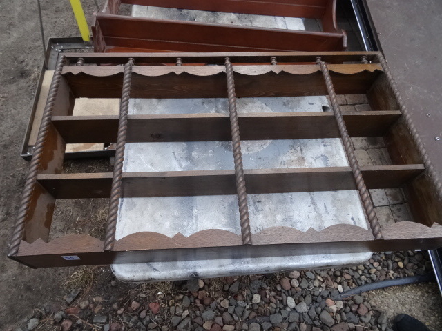 2 wood wall hanging racks. 35 x 22 x 5. 29 x 25 x 6. Both have grooves for plates