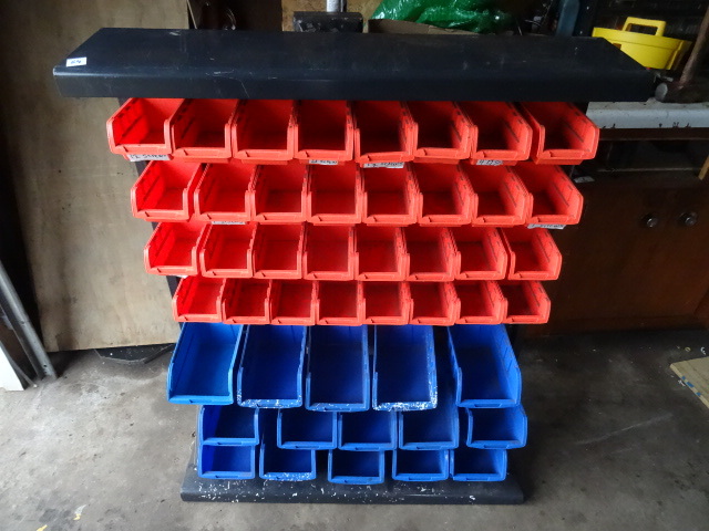 Hardware rack with removable bins. 37 x 12 x 46