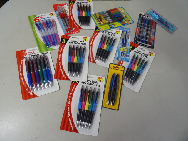 Large variety of new ball point pens and mechanical pencils. Permanent markers.