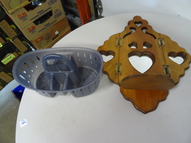 Wall hanging shelf. 2 metal buckets. Painted saw blade. Cleaning tote. Large brass fish