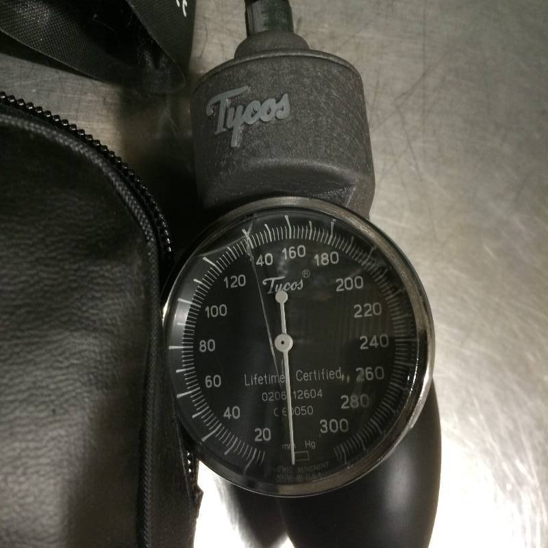 lot 12 image: Wow Super Nice Medical Clinic Welch Allyn Tycos Blood Pressure Cuff Size Adult & Sphygmomanometer Lifetime Certified with Case - Tycos Meter Has Crack in Plastic Cover
