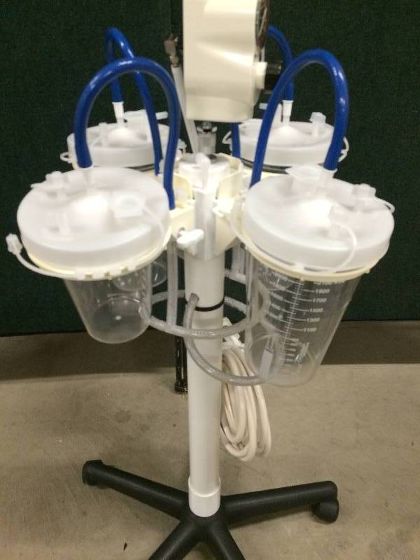 lot 58 image: WOW $$$ MEDI-VAC SUCTION 4 CANISTER SYSTEM WROLLING CART & Ohio Push-To-Set 1224 Continuous 3-Mode Vacuum Regulator (Analog Gauge) - ALL APPEARS NEW