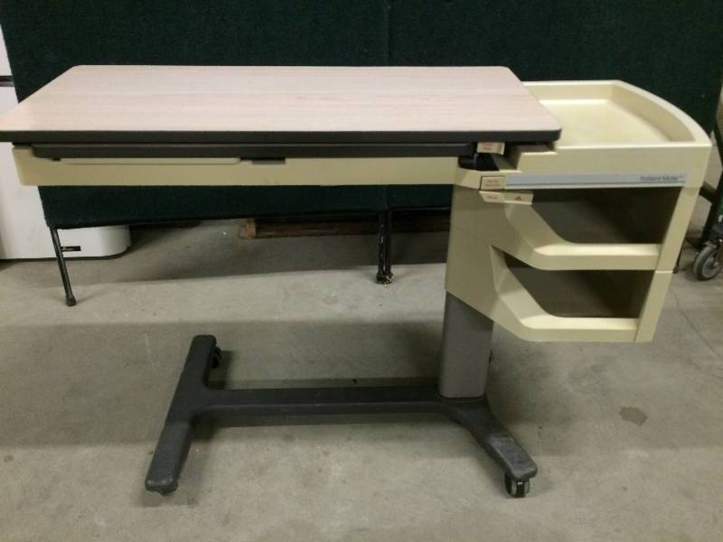 lot 67 image: Mobile Height Adjustible Great For Home Office Laptop Computer Use or Overbed Workstation Hill-Rom Patient Mate Wood Grain Tray Table With Mirror - Excellent Condition