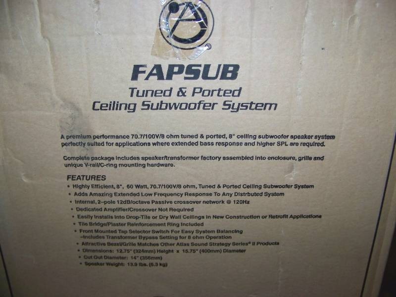 lot 55 image: (1) Atlas Sound, FAPSUB, In-Ceiling, Subwoofer System  Speaker - NEW  NEVER INSTALLED