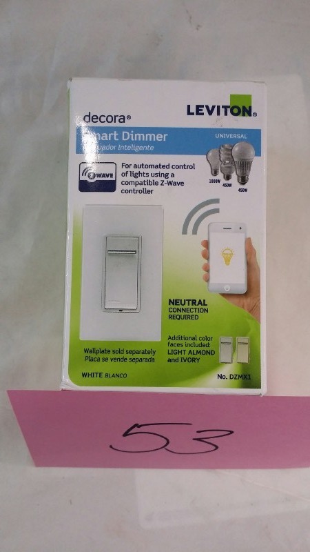 lot 53 image: Leviton DZMX1-1BZ Decora Z-Wave Controls Scene Capable Universal Dimmer, White, Works with Amazon Alexa