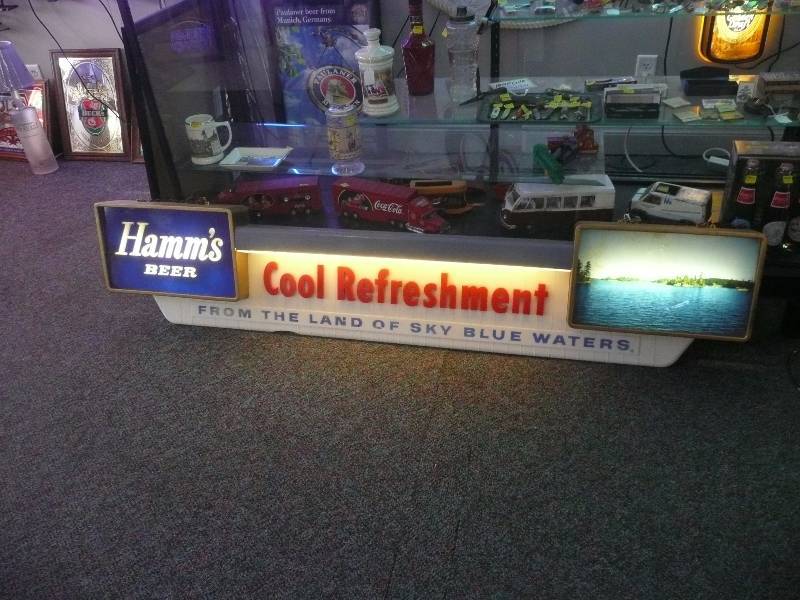 lot 2 image: 1940s Hamms Beer Sign - Cool Refreshment, From The Land Of Sky Blue Waters - Works Good And Is In Very Good Condition For Its Age - Approx 72wide 15high
