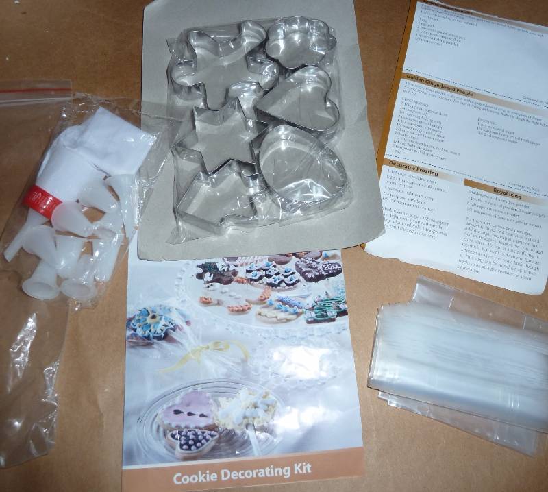 36 cookie decorating sets - each set has 6 cookie cutters, a frosting bag with tips and bags to gift your cookies in