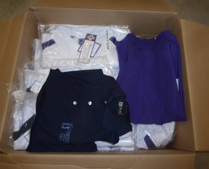 8 Medium, 5 Large new polo shirts white with stripe on shoulder, 3 Medium and 3 small jogging pants, 3 XL red PGA shirts