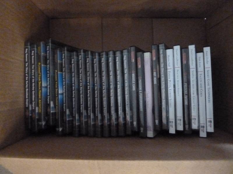 box of 25 dvds - golfing, street rods and hog heaven - the story of harley davidson