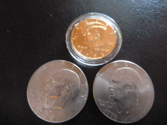 2 Eisenhower One Dollar and Kennedy Half Dollar Coins