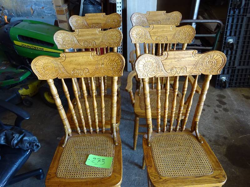 lot 273 image: 6 Oak Pressed Back Spindleback Caned Chairs