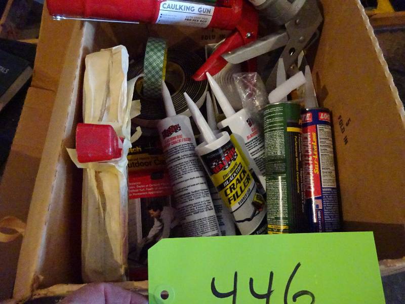 lot 446 image: Caulk, Guns,Tape,Saw Blades, Masks