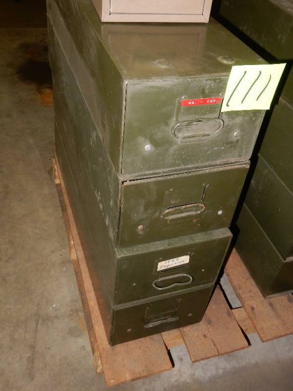 lot 111 image: 4 Green Metal File Cabinets.. Approx. 10 in x 6 in x 28 in d