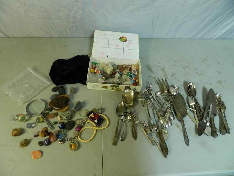 lot 9 image: Silverware, Rocks, Large Marbles, Etc