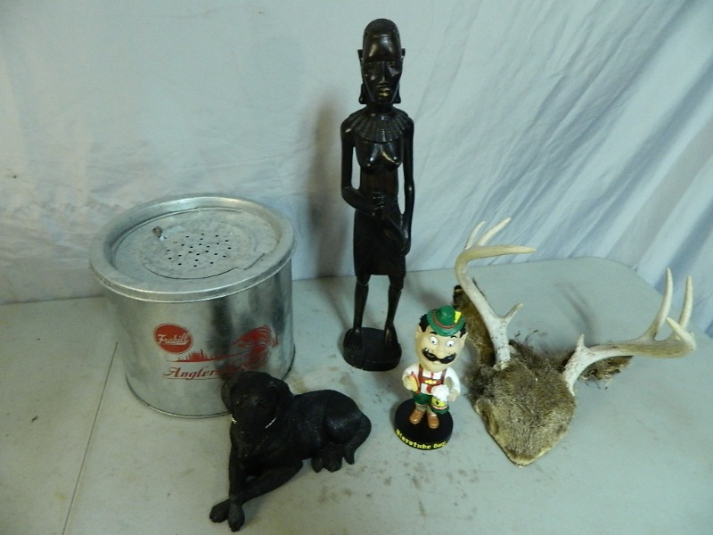 lot 19 image: Galvanized Bait Bucket, Collectible Figurines, Deer Antlers, and More