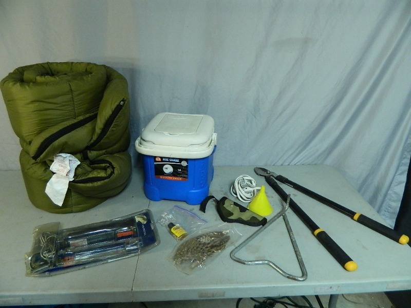 lot 54 image: Sleeping Bag, Electric Filet Knife, Cooler