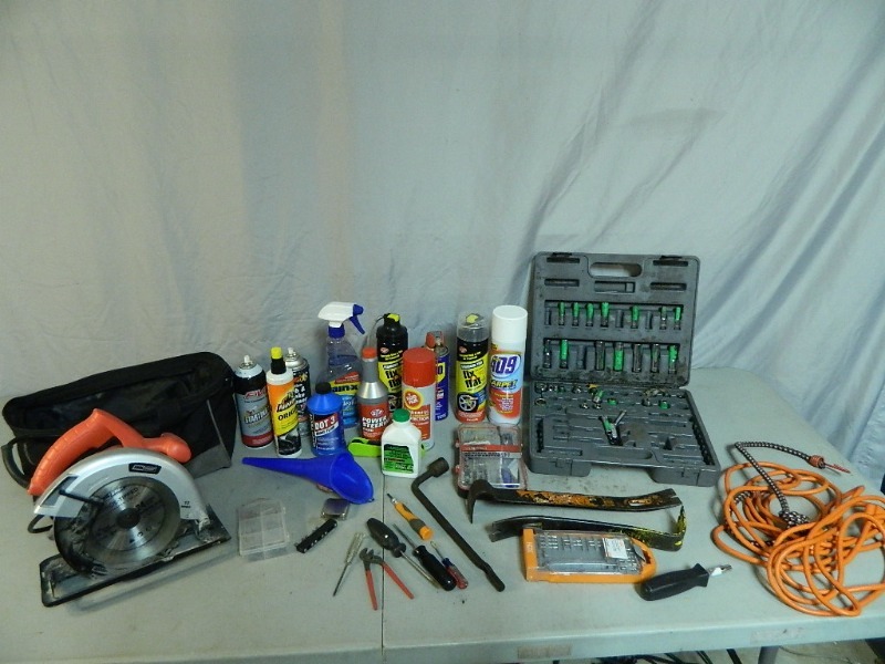 lot 58 image: Shop Chemicals, Tools, Circular Saw, and More