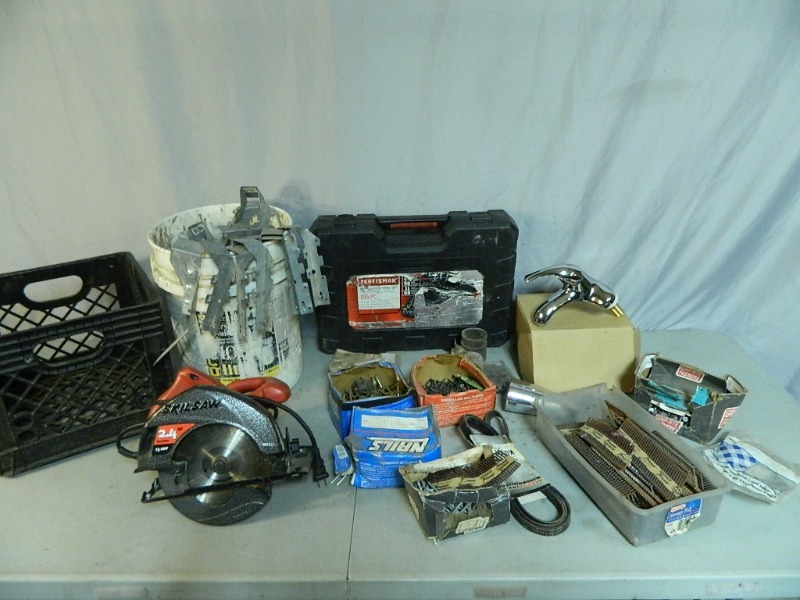 lot 74 image: Circular Saw, Joist Hangers, Hangers, Hardware, and More