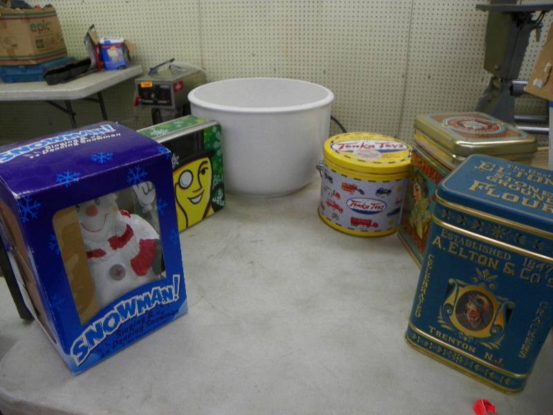 Tins, bowl, green mason jar and singing snowman