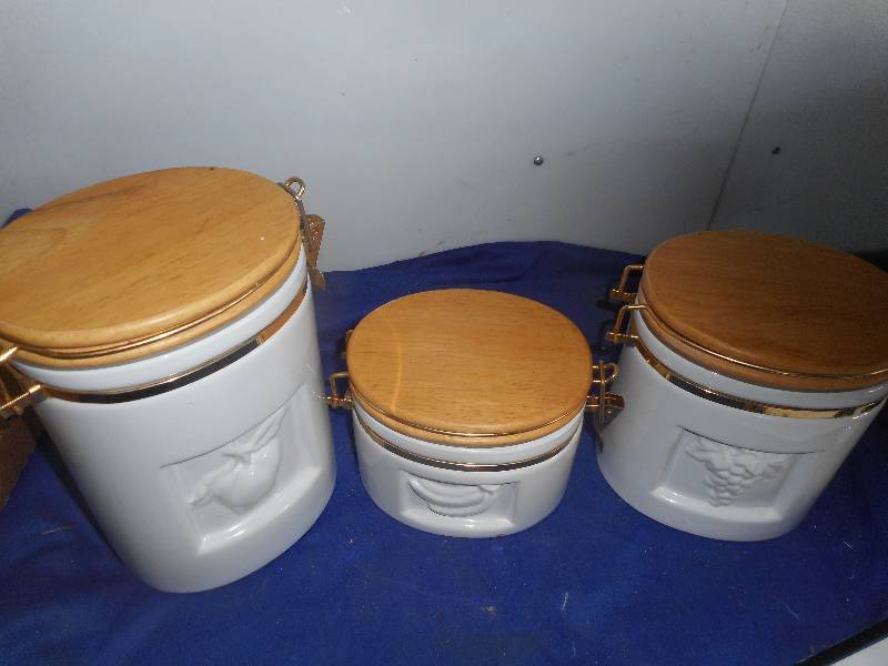 SET OF 3 WOOD TOPPED CANESTERS