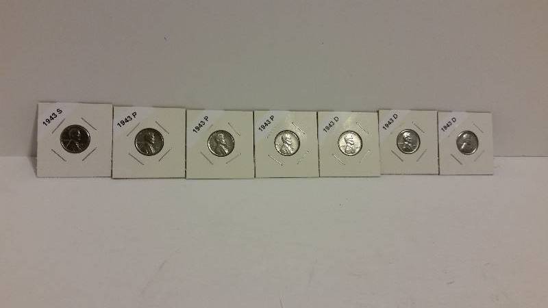 lot 48 image: Lot of (7) Emergency Issue Steel WWII Pennies Including Philadelphia, Denver and San Francisco Mints - Carded and Labeled.