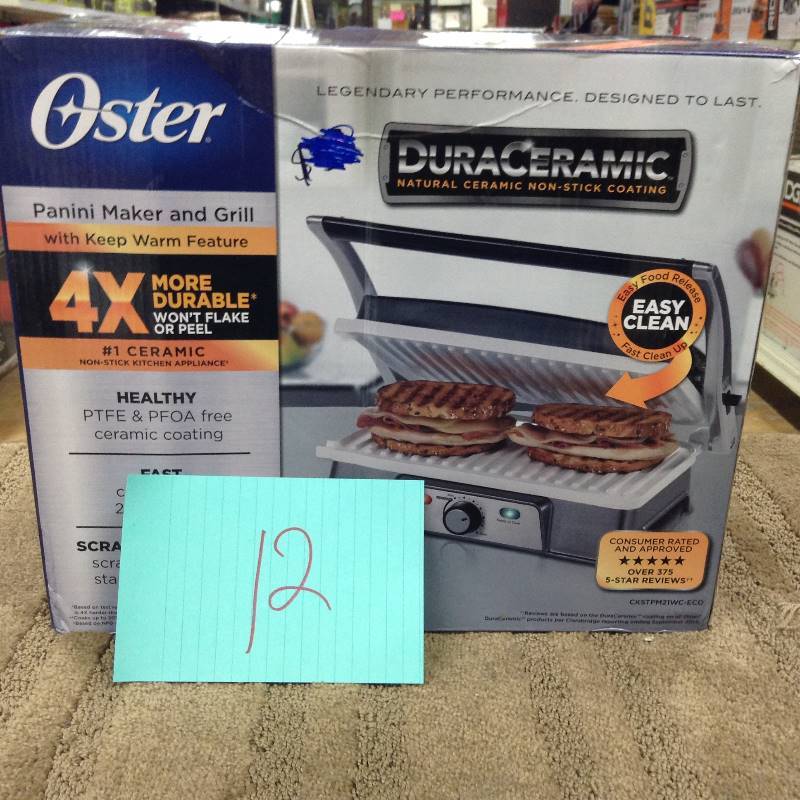 lot 12 image: Oster DuraCeramic 2-in-1 Panini Maker & Grill never used