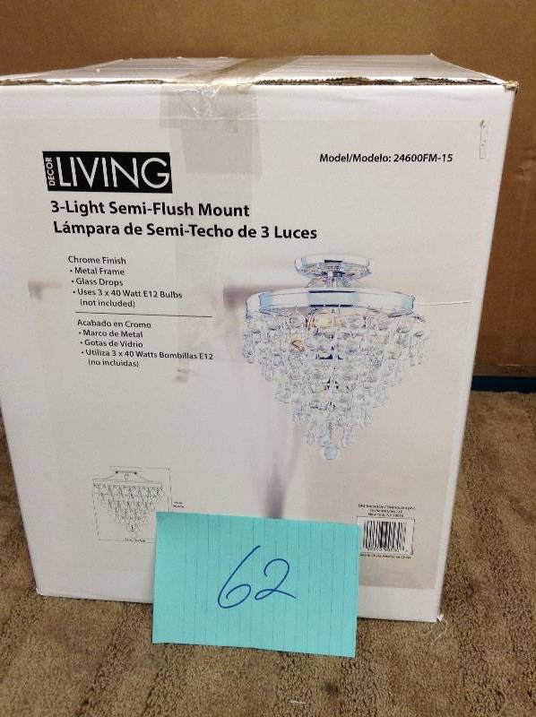 lot 62 image: Dcor Living Milton 3-Light Chrome Crystal Semi Flush Mount missing 10 crystals never used
