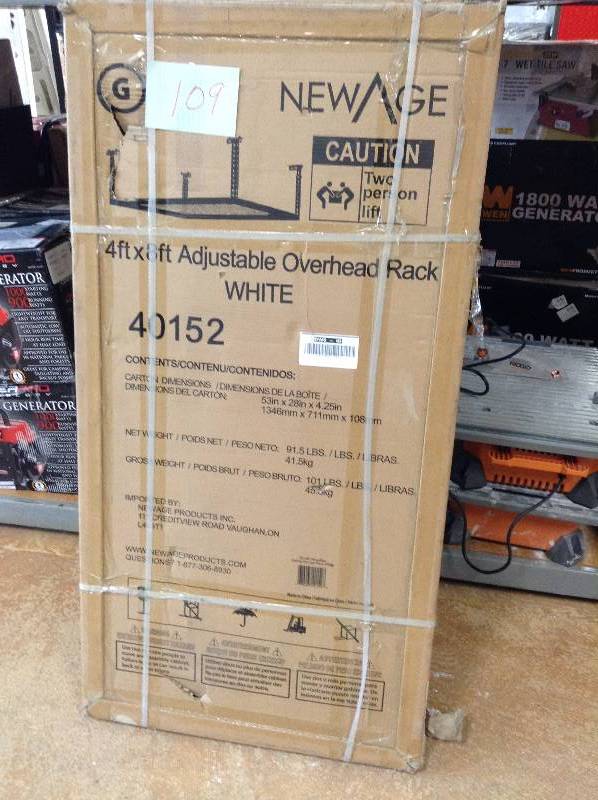 lot 109 image: New Age Performance 96 in. L x 48 in. W x 42 in. H Adjustable VersaRac Ceiling Storage Rack in White never used