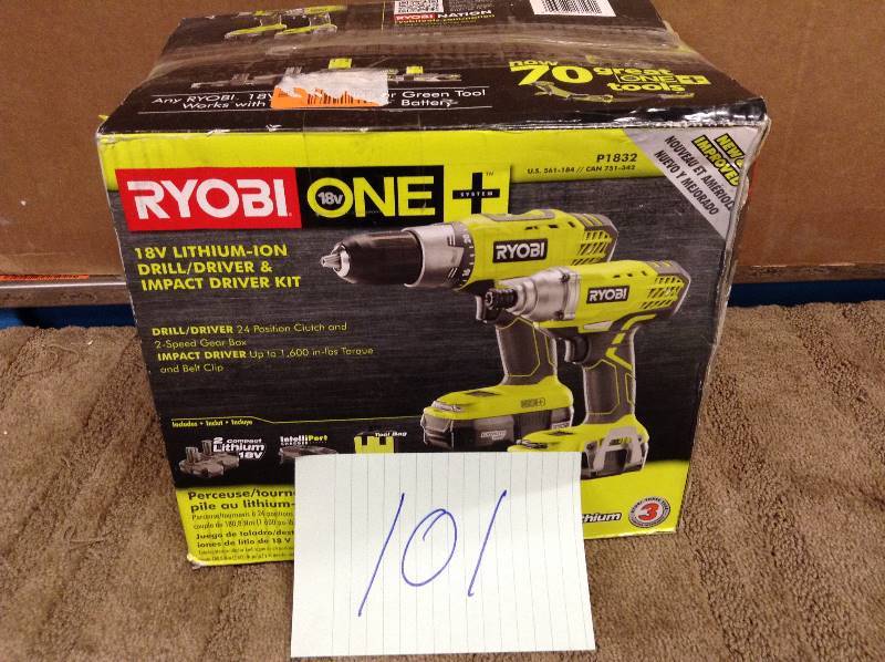 lot 101 image: Ryobi 18-Volt ONE DrillDriver and Impact Driver Kit one battery one charger