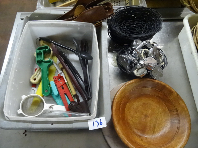 lot 136 image: Misc kitchen utensils. Wood bowl. M...
