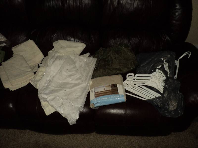 box of misc. curtains and hangers s...