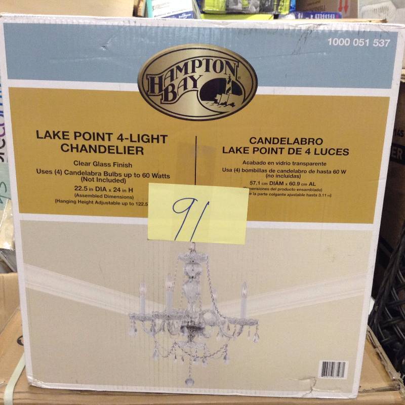 lot 91 image: Hampton Bay Chandeliers Lake Point 4-Light Clear Crystal and Chrome Chandelier never used